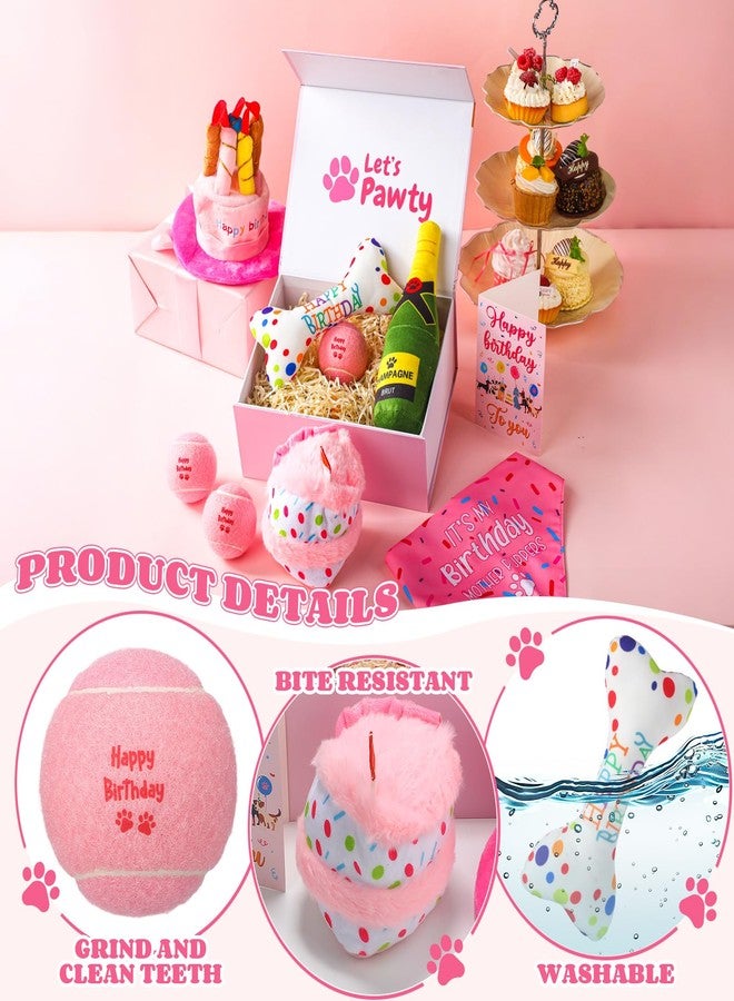 Vertintong 10 Pcs Dog Birthday Toy Set Dog Birthday Cake Bone Wine Bottle Hat Bib Ball Card Ribbon Plush Pet Gifts for Small Medium Puppy Squeaky Dogs Pet Toy Party Supplies(Pink) - Image 3